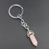 Hexagon Bullet Pencil Natural Rose Pink Quartz Crystal Stone Stainless Steel Key Chain