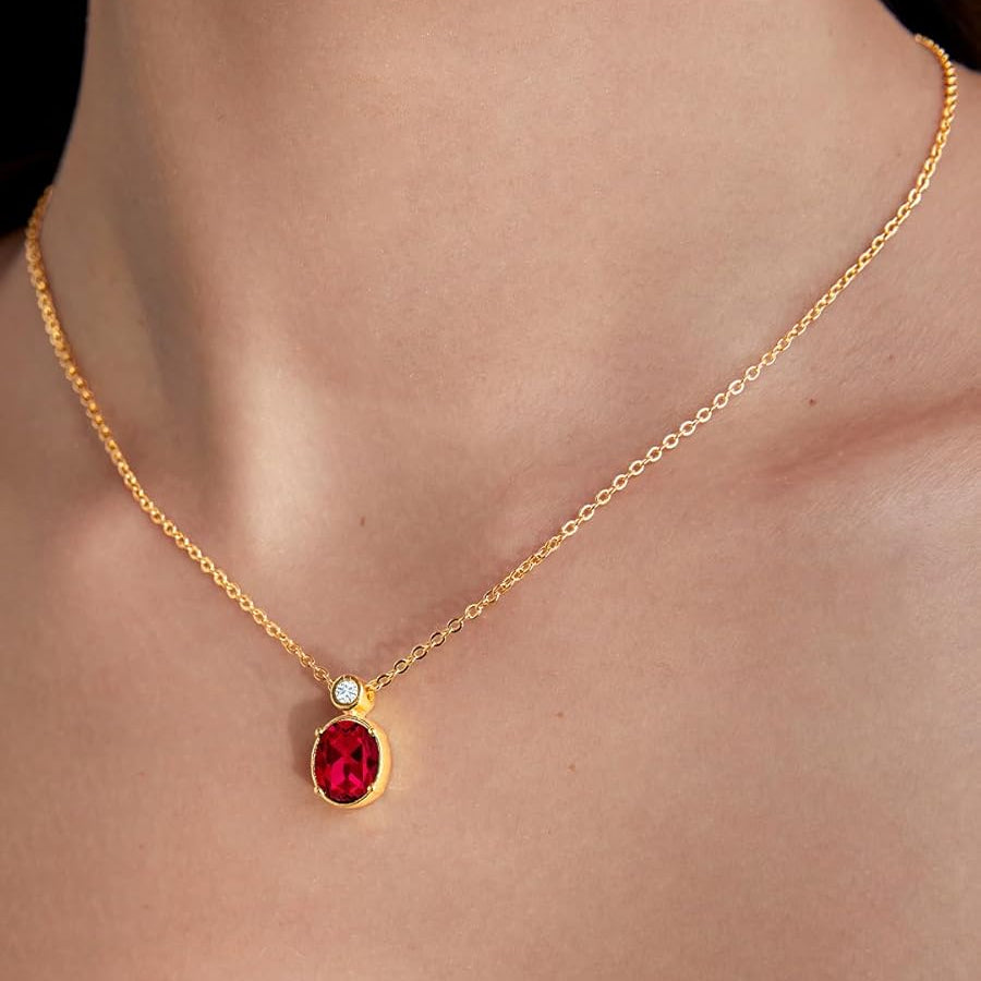 Oval Cut Ruby Red Rose Silver Yellow Gold CZ Brass Pendant Chain