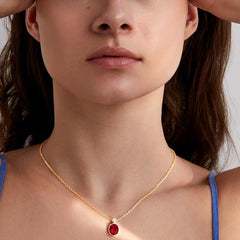 Oval Cut Ruby Red Rose Silver Yellow Gold CZ Brass Pendant Chain