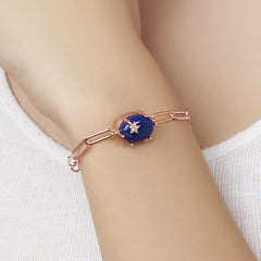 Round Blue with Star Rose Silver Yellow Gold Plated CZ Brass Bracelet