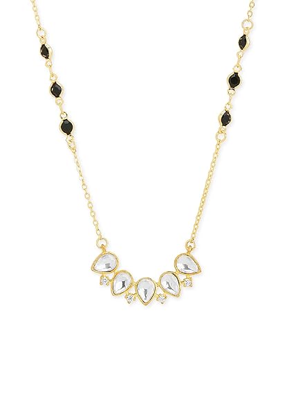 Teardrop Cluster Black Beads Rose Silver Gold Plated CZ Brass Necklace