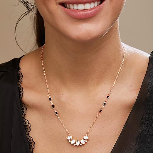 Teardrop Cluster Black Beads Rose Silver Gold Plated CZ Brass Necklace
