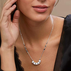 Teardrop Cluster Black Beads Rose Silver Gold Plated CZ Brass Necklace