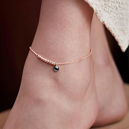 Minimal Black Beads Charm Rose Silver Gold Anti Tarnish Brass Anklets