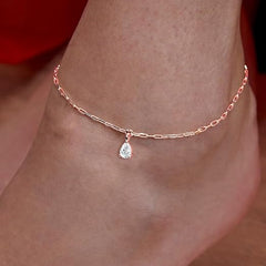 Minimalist Chain Teardrop Rose Silver Gold CZ Anti Tarnish Brass Anklets