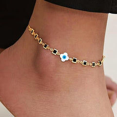 Square Black Stone Evil Eye Rose Silver Gold Enamel Brass Anklets