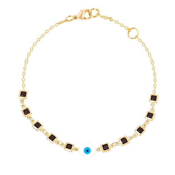 Square Black Stone Evil Eye Rose Silver Gold Enamel Brass Anklets