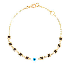 Square Black Stone Evil Eye Rose Silver Gold Enamel Brass Anklets