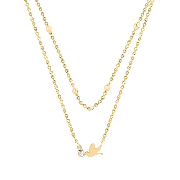 Delicate Layered Chain Bird Charm Rose Silver Gold CZ Brass Necklace