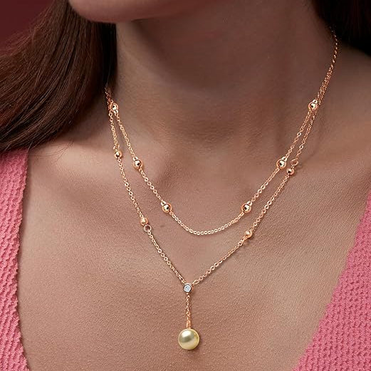 Dainty Double Layer Rose Silver Gold Plated CZ Pearl Brass Necklace
