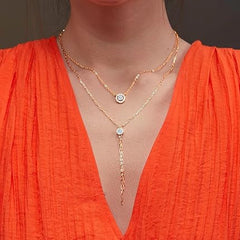 Layered Lariat Chain Rose Silver Gold CZ Anti Tarnish Brass Necklace
