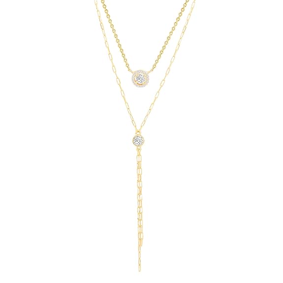 Layered Lariat Chain Rose Silver Gold CZ Anti Tarnish Brass Necklace