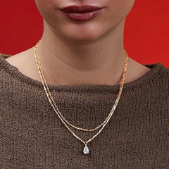 Layered Chain Teardrop Charm Rose Silver Gold Plated CZ Brass Necklace
