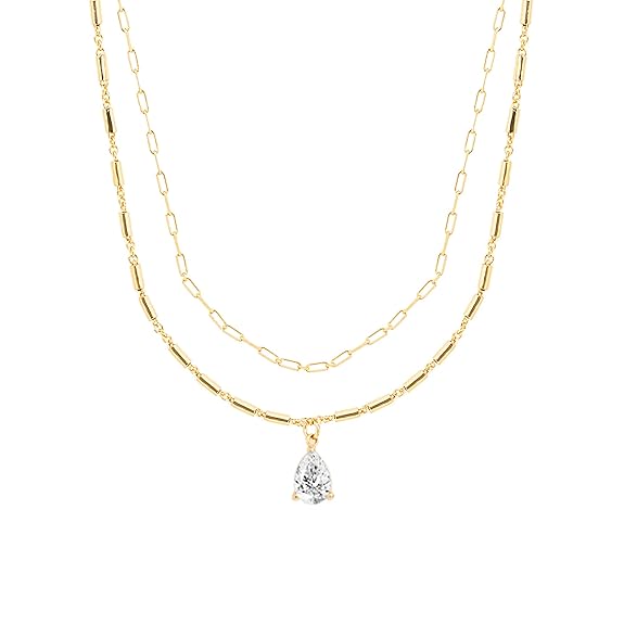 Layered Chain Teardrop Charm Rose Silver Gold Plated CZ Brass Necklace