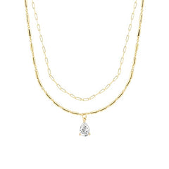 Layered Chain Teardrop Charm Rose Silver Gold Plated CZ Brass Necklace