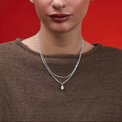 Layered Chain Teardrop Charm Rose Silver Gold Plated CZ Brass Necklace