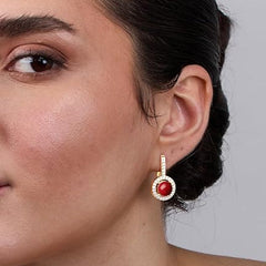 Red Coral Stone Rose Silver Gold CZ Anti Tarnish Brass Hoop Earrings