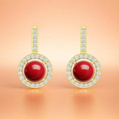 Red Coral Stone Rose Silver Gold CZ Anti Tarnish Brass Hoop Earrings