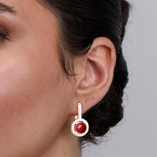 Red Coral Stone Rose Silver Gold CZ Anti Tarnish Brass Hoop Earrings