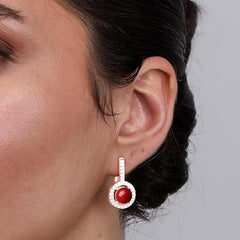 Red Coral Stone Rose Silver Gold CZ Anti Tarnish Brass Hoop Earrings