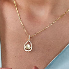 Pearl Teardrop Frame Rose Silver Gold CZ Anti Tarnish Brass Necklace