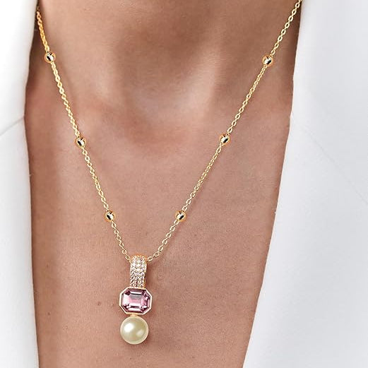 Elegant Dual Charm Rose Silver Gold CZ Pearl Anti Tarnish Brass Necklace