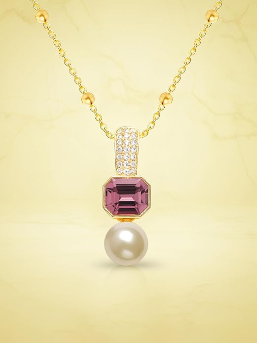 Elegant Dual Charm Rose Silver Gold CZ Pearl Anti Tarnish Brass Necklace