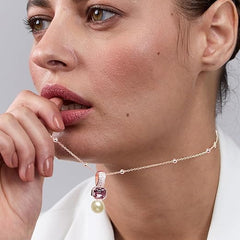 Elegant Dual Charm Rose Silver Gold CZ Pearl Anti Tarnish Brass Necklace