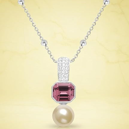 Elegant Dual Charm Rose Silver Gold CZ Pearl Anti Tarnish Brass Necklace