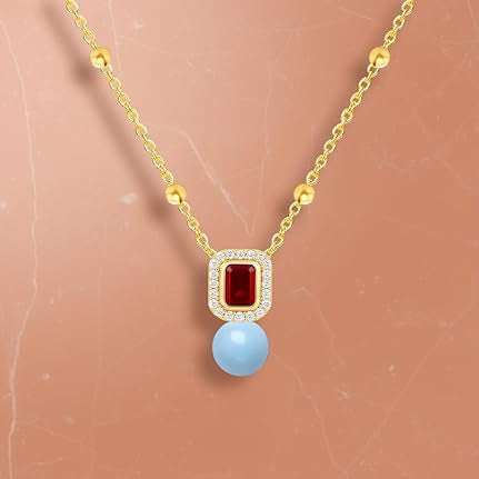Square Halo Design Blue Pearl Rose Silver Gold Plated CZ Brass Necklace