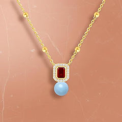 Square Halo Design Blue Pearl Rose Silver Gold Plated CZ Brass Necklace