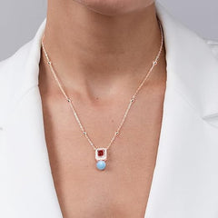 Square Halo Design Blue Pearl Rose Silver Gold Plated CZ Brass Necklace