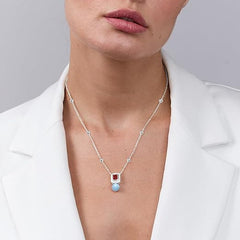 Square Halo Design Blue Pearl Rose Silver Gold Plated CZ Brass Necklace