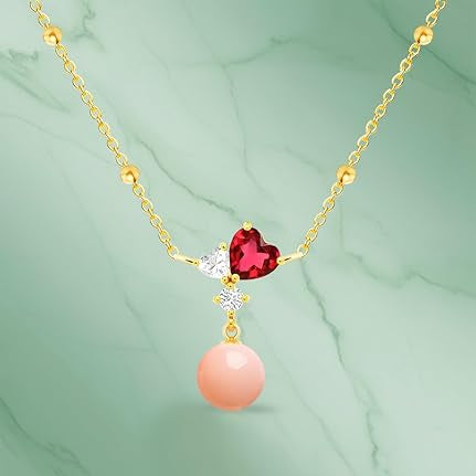 Designer Heart Pink Pearl Rose Silver Gold Plated CZ Brass Necklace