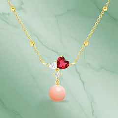 Designer Heart Pink Pearl Rose Silver Gold Plated CZ Brass Necklace