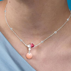 Designer Heart Pink Pearl Rose Silver Gold Plated CZ Brass Necklace