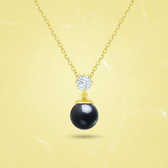 Elegant Black Beads Round Rose Silver Gold Plated CZ Brass Necklace