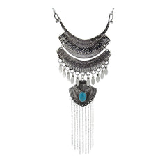 Tribal Bohemian Afghani Statement Crystal Oxidized Silver Necklace