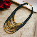 Italian Rings Multistrand 7 Layer Black Nylon Gold Statement Necklace