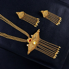 Temple Antique Kundan Red Pearl 22K Gold Earring Necklace Set