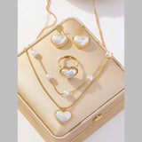 Heart Love White Pearl 18K Gold Anti Tarnish Stainless Steel Necklace Earring Ring Set For Women