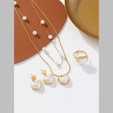 Heart Love White Pearl 18K Gold Anti Tarnish Stainless Steel Necklace Earring Ring Set For Women