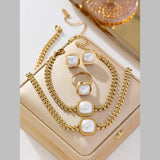 Cushion Cut White Pearl 18K Gold Anti Tarnish Stainless Steel Necklace Earring Bracelet Ring Set For Women