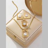 Geometric White Pearl 18K Gold Anti Tarnish Stainless Steel Snake Chain Necklace Earring Ring Set For Women