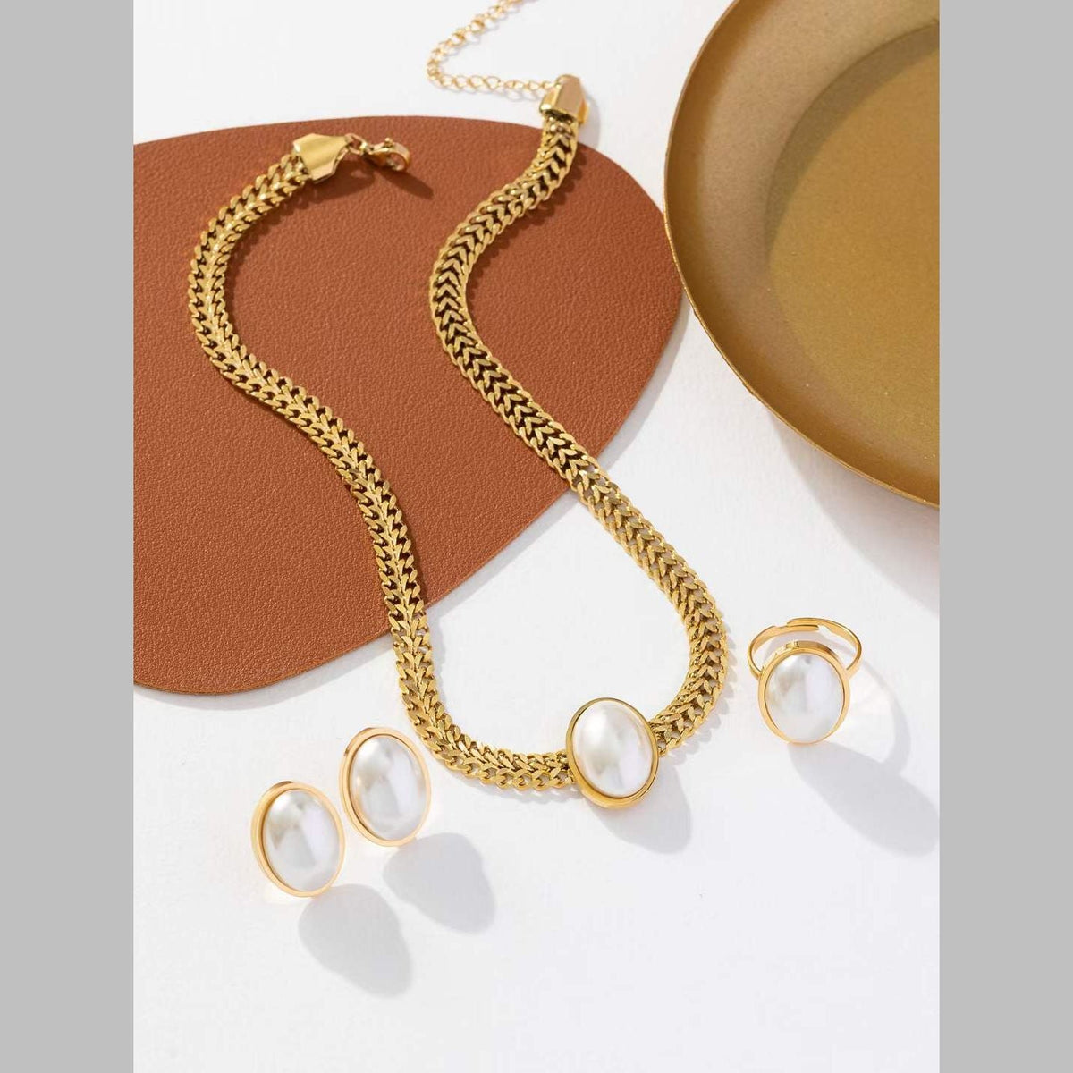 Oval White Pearl 18K Gold Anti Tarnish Stainless Steel Necklace Earring Ring Set For Women