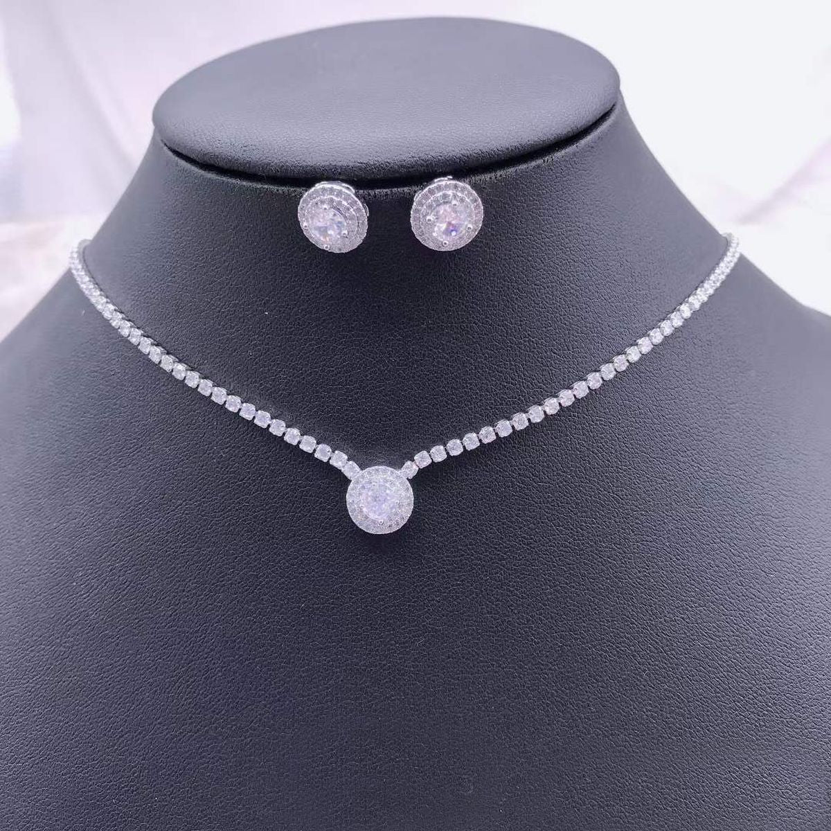 Round Solitaire Cubic Zirconia Silver Anti Tarnish Necklace Earring Set For Women
