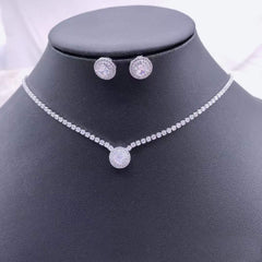Round Solitaire Cubic Zirconia Silver Anti Tarnish Necklace Earring Set For Women