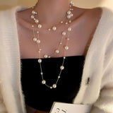 Layer Pearl Pink Rose Gold Anti Tarnish Long Necklace For Women