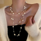 Layer Pearl Pink Rose Gold Anti Tarnish Long Necklace For Women