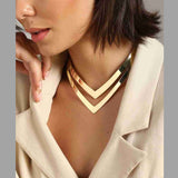 Dual V Shape 18K Gold Stainless Steel Collar Choker Hasli Necklace For Women